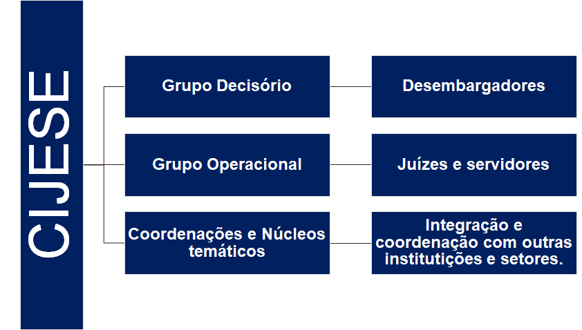 cijese, grupo decisório - desembargadores, grupo operacional - juizes e servidores, cordenações e grupos temáticos - integração e cordenação com outras instituições e setores